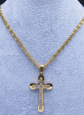 不锈钢男士轻奢镶钻十字架项链