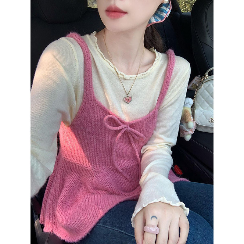韩系时尚温柔蝴蝶结系带粉色针织吊带背心搭配打底上衣衫两件套装,淘宝优惠券,粉丝福利购,淘宝优惠卷