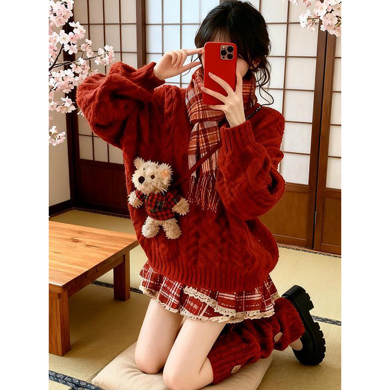 法式温柔圣诞宽松红色麻花针织毛衣搭配撞色格纹半身短裙两件套装,淘宝优惠券,粉丝福利购,淘宝优惠卷
