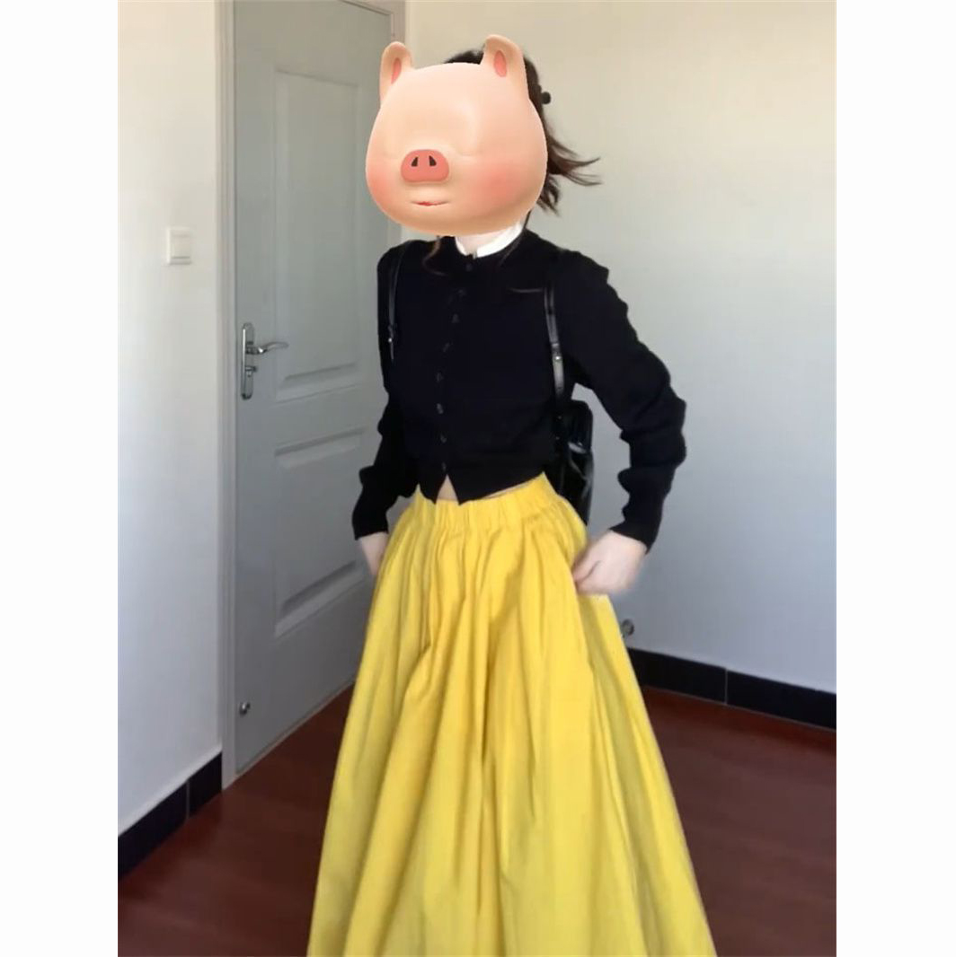 法式温柔风气质假两件黑色针织毛衣开衫搭配黄色半身长裙两件套装 - 图0