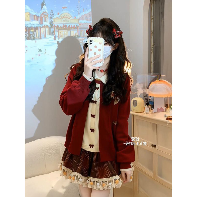 2026新年温柔圣诞红色假两件蝴蝶结毛衣搭配格纹毛绒边裙两件套装,淘宝优惠券,粉丝福利购,淘宝优惠卷