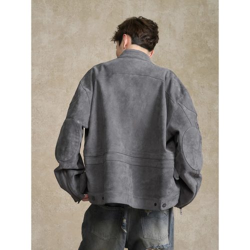 BONELESS刺绣logo麂皮机车夹克秋季美式高街休闲翻领复古外套男 - 图2