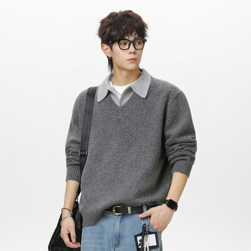 NTBF质感假两件V领毛衣男女秋季新款复古翻领polo针织衫保暖外套 - 图1