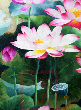顾氏手工110*110苏绣荷花走廊画
