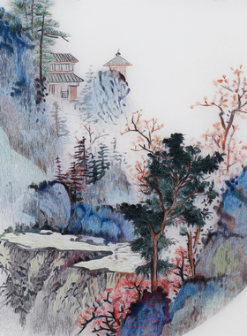 73*73顾氏刺绣古画山水风景 新中式客厅书房走廊 礼品装饰挂画二