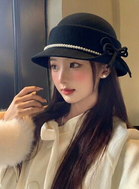 千金风珍珠礼帽女秋冬季赫本风显脸小贝雷帽法式高级感盆帽渔夫帽