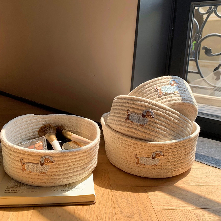 零食收纳筐家用客厅茶几桌面杂物零食收纳篮可爱小狗编织储物盒,淘宝优惠券,粉丝福利购,淘宝优惠卷