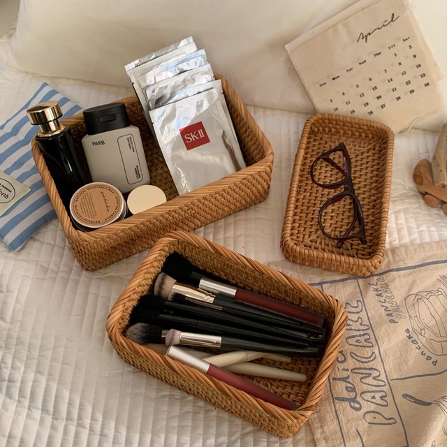 Retro rattan storage basket ins desktop storage box rectangular cosmetics finishing box tea table miscellaneous storage basket