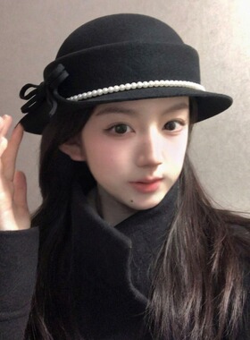小香风蝴蝶结小礼帽女生秋冬高级感气质千金帽黑色赫本风毛毡帽子