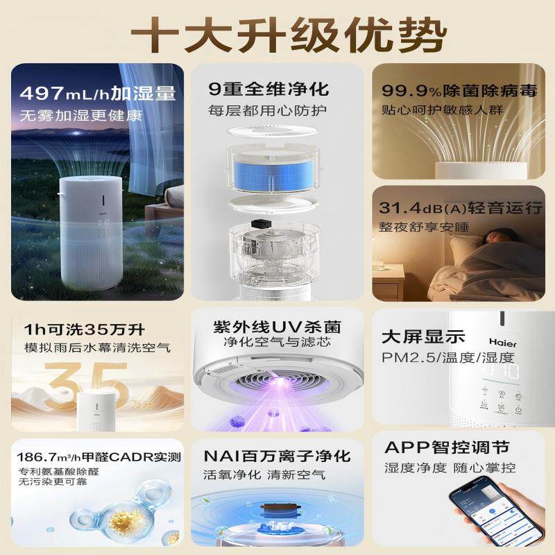 海尔空气净化器加湿一体机家用除甲醛室内除菌灰尘吸猫毛无雾轻音