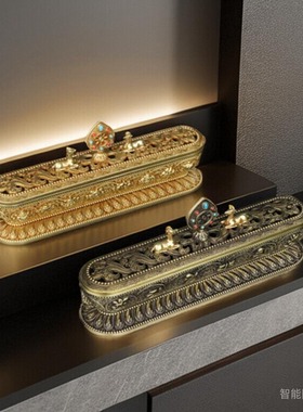 慧宝短卧香炉古金色纯铜桌面摆件