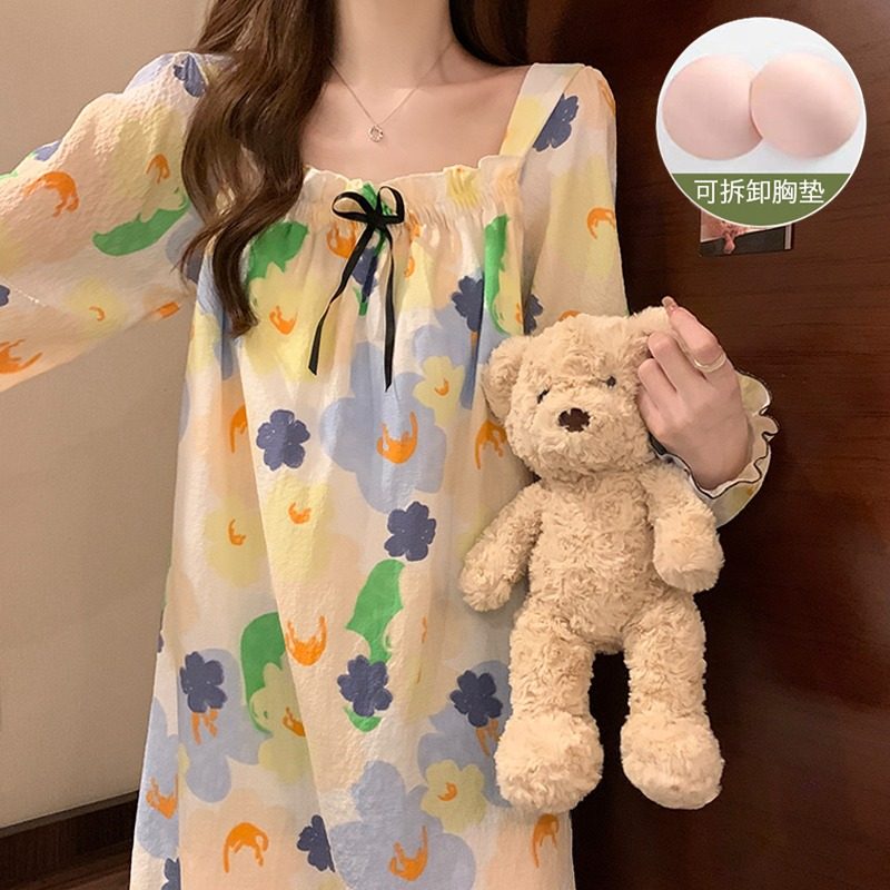 长袖睡裙女春秋季带胸垫纯棉可外穿防凸点棉纱睡衣女学生2025新款,淘宝优惠券,粉丝福利购,淘宝优惠卷