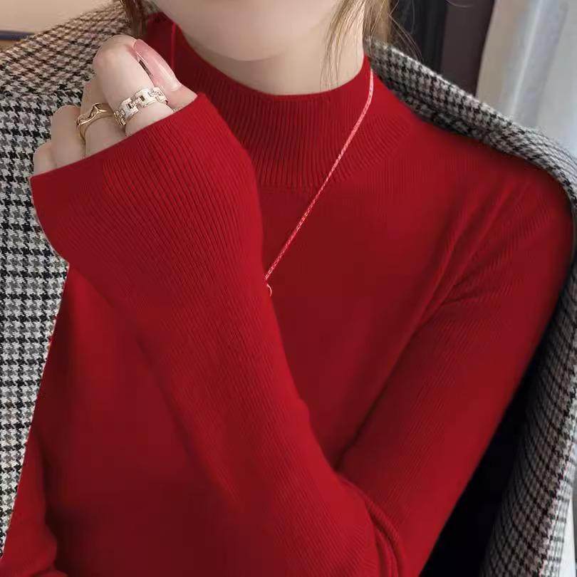 安哥拉红长袖女秋冬修身半高领洋气显瘦羊毛针织衫打底高级感上衣,淘宝优惠券,粉丝福利购,淘宝优惠卷