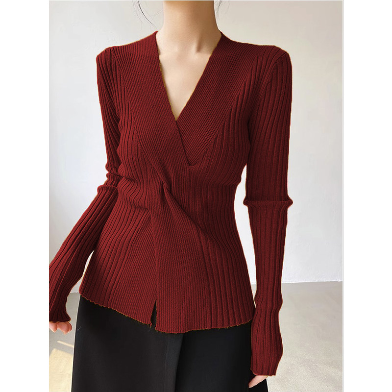 2025秋冬新款交叉V领针织衫女长袖修身打底衫毛衣设计感内搭上衣,淘宝优惠券,粉丝福利购,淘宝优惠卷