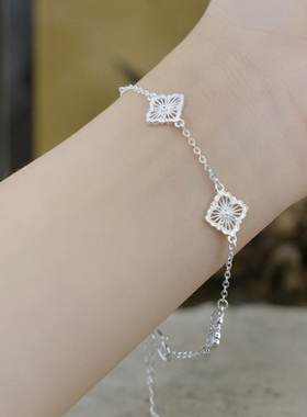 足银999镂空五花纯银幸运手链女