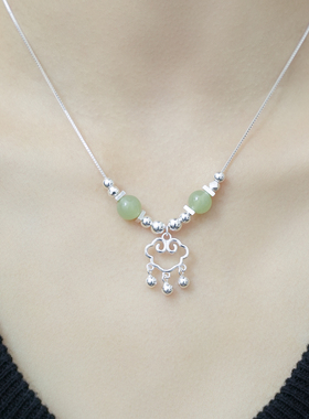 足银999如意锁吊坠铃铛祥云项链