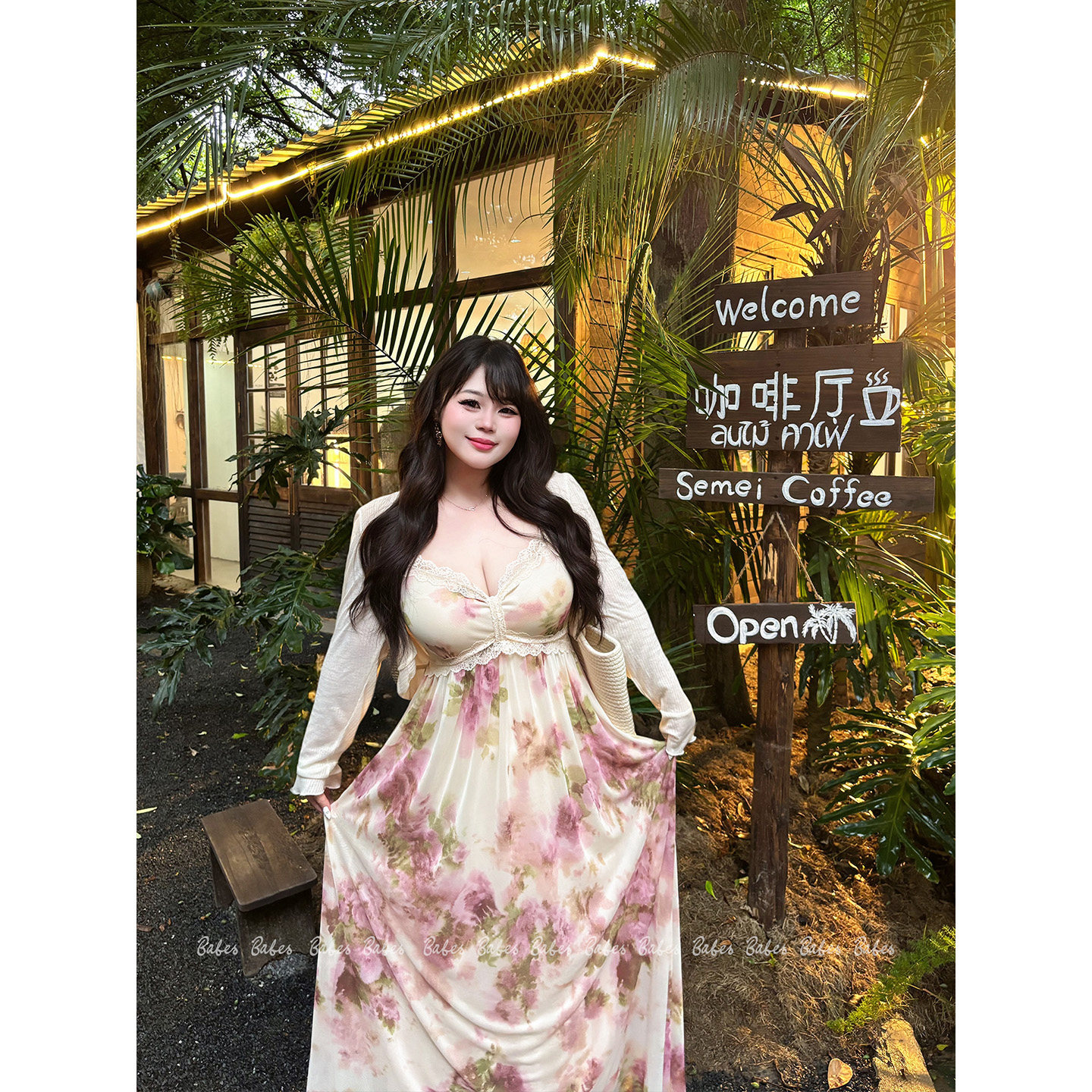 Babes【仲夏夜】大码法式复古度假玫瑰碎花蕾丝V领吊带显瘦长裙女 裙幼实拍商品图
