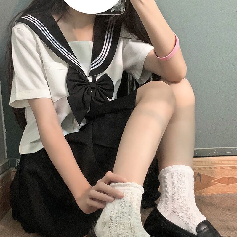 水手服正统jk制服女套装基础款黑领白三本日系学院风百褶裙小学生 - 图0