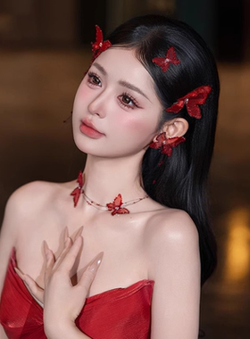 新款红色蝴蝶发夹新娘发饰套装