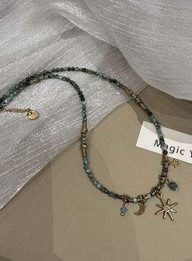 复古星月天然石钛钢串珠项链女