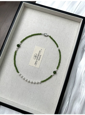 新中式显白绿玉髓珍珠串珠S925纯银元宝扣项链国风颈链女锁骨链潮