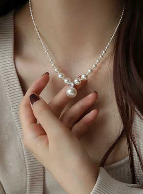 S925银水晶珍珠渐变锁骨链女