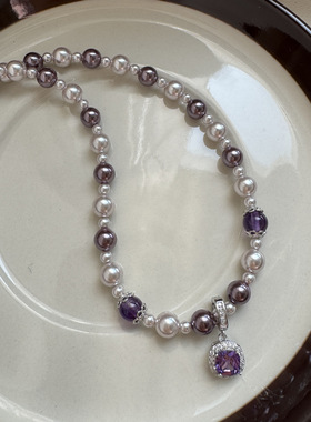 锆石紫水晶吊坠曼塔玫瑰珍珠项链