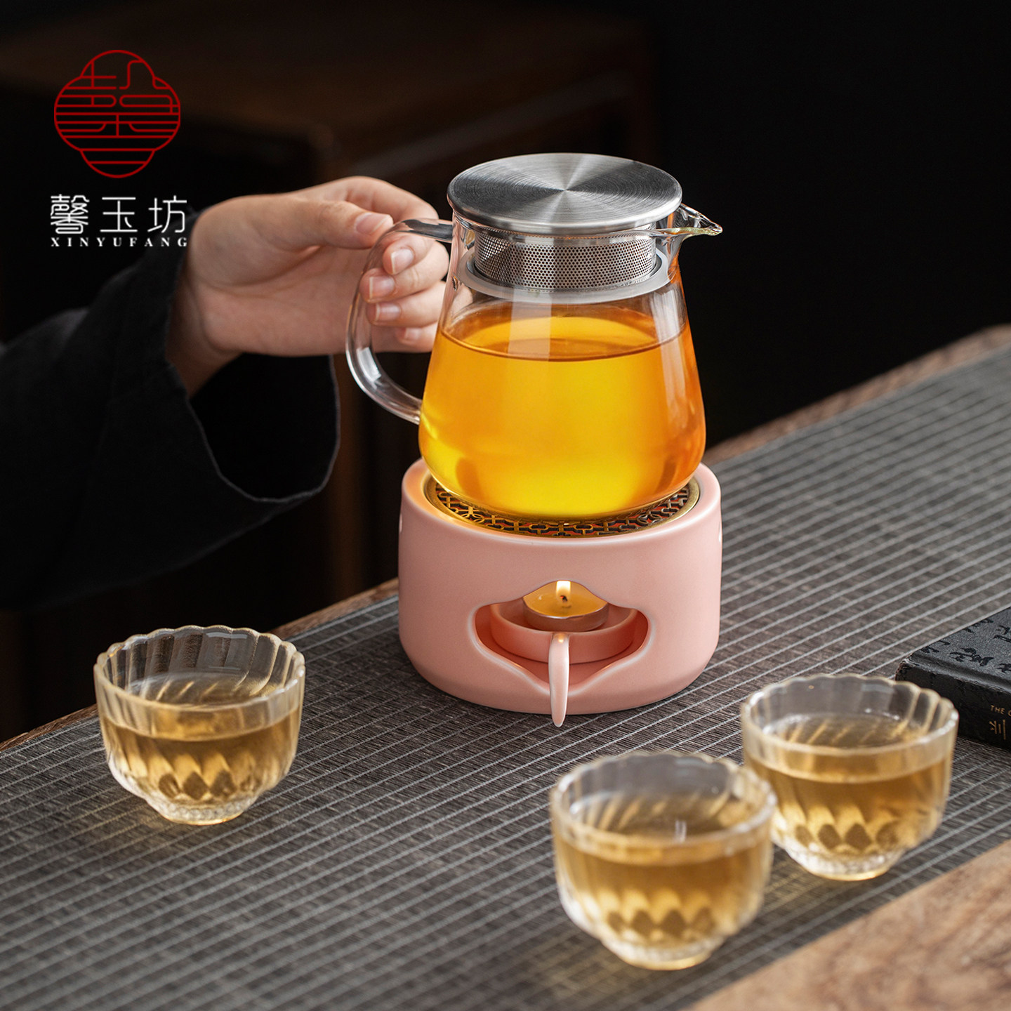 馨玉坊少女心粉色陶瓷温茶炉花茶壶套装冬季茶水保温过滤泡茶壶杯,淘宝优惠券,粉丝福利购,淘宝优惠卷