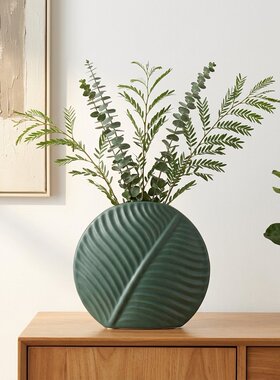 北欧风墨绿叶纹陶瓷花瓶