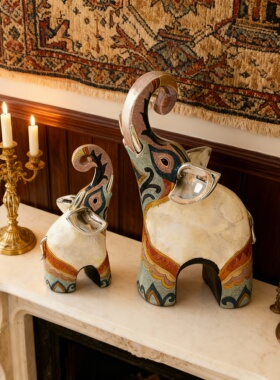 复古彩绘陶瓷大象摆件吉祥物