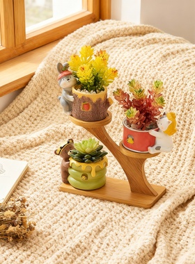 卡通可爱多层木质桌面花架摆件