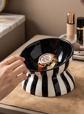 黑白条纹圆形大容量收纳碗摆件