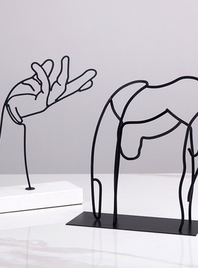 热销现代抽象马金属线条动物摆件样板间家居客厅手掌铁线书房艺术
