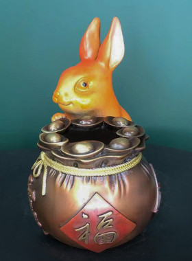 热销客厅电视柜新品福财兔聚宝盆铜摆件工艺品家居办公室兔年装饰