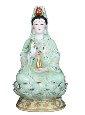 陶瓷绿衣坐莲南海娘娘佛像风水家用款供奉摆件厂家