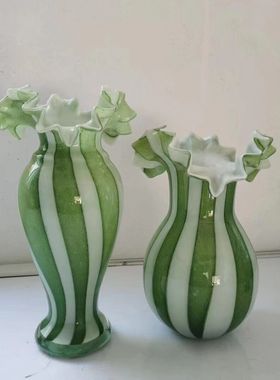 热销手工制作琉璃花瓶中古风苔绿奶油白顿纹芬六条美人瓶插花玻璃