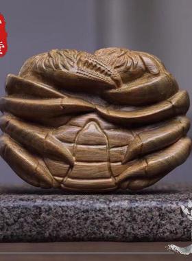 现货实木阿根廷绿檀手把件批发螃蟹木质工艺品木雕摆件