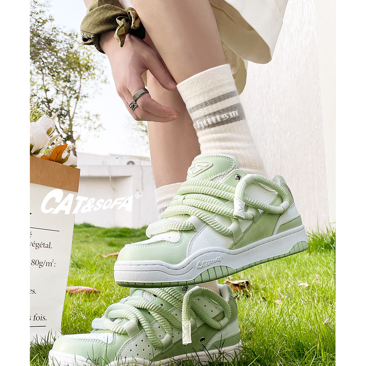 猫与沙发 脏辫/青柠小清新面包鞋国潮新款男女运动撞色滑板休闲鞋,淘宝优惠券,粉丝福利购,淘宝优惠卷