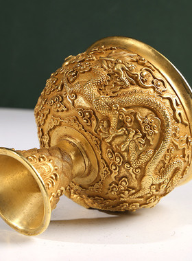 热销古玩古董收藏杂项仿古铜胎鎏真金双龙戏珠酒杯贡杯客厅收藏摆
