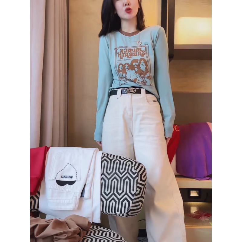 撞色领口长袖恤女2024早春新款时尚百搭四小人印花大码打底衫潮,淘宝优惠券,粉丝福利购,淘宝优惠卷