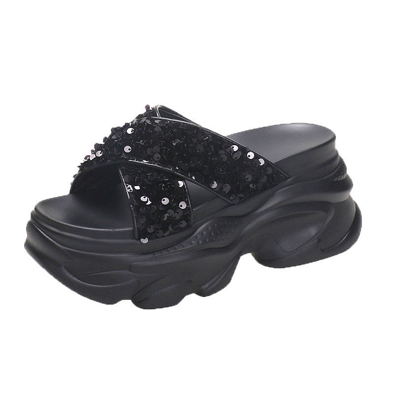 厚底拖鞋女时尚外穿2025夏季新款韩版增高小个子亮片交叉松糕凉拖,淘宝优惠券,粉丝福利购,淘宝优惠卷