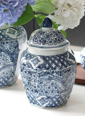 热销青花瓷八角将军罐桌面青花瓷花瓶陶瓷花瓶客厅插花高级感摆件