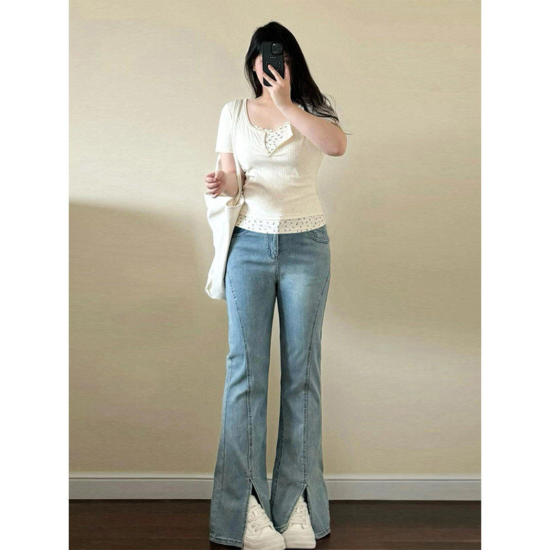 300斤大码浅色弹力微喇女胖mm设计感开叉显瘦子,淘宝优惠券,粉丝福利购,淘宝优惠卷