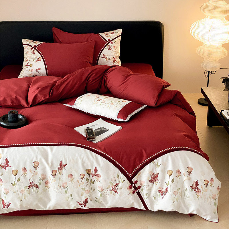 新中式婚庆床上四件套全棉100支长绒棉印花刺绣红色结婚被套床单,淘宝优惠券,粉丝福利购,淘宝优惠卷