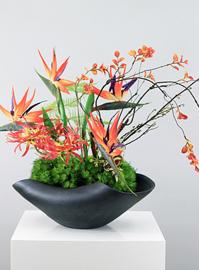 热销新中式橙色调仿真样板房花艺插花餐桌茶室天堂鸟售楼部前台摆
