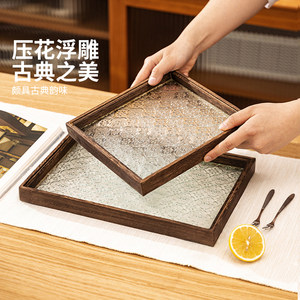 摩登主妇木质托盘早餐海棠花玻璃长方形茶盘家用茶水杯子茶具托盘