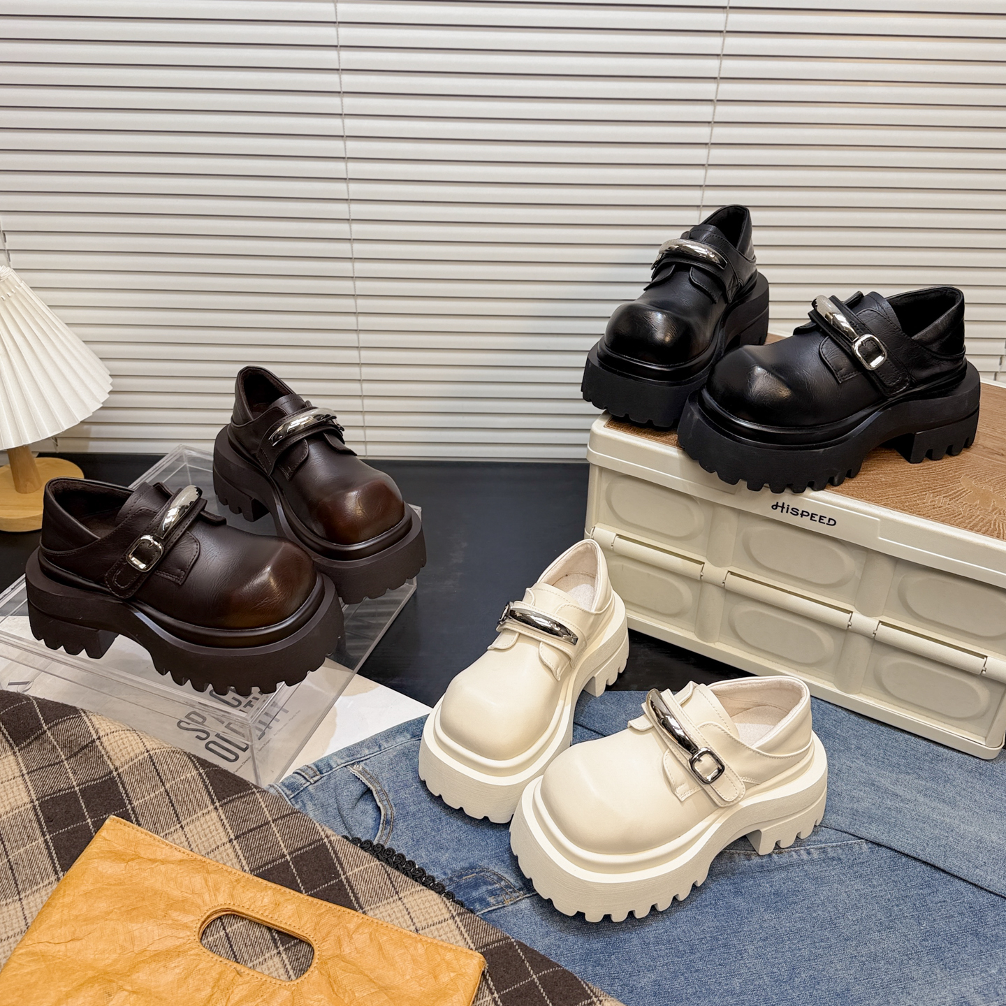 日本offcat真皮厚底复古大头小皮鞋女202款高级感一脚蹬乐福单鞋 - 图1