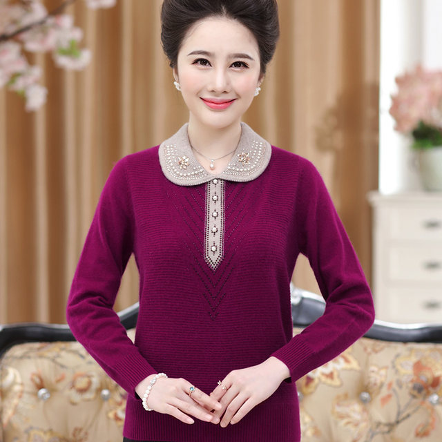 Middle-aged and elderly women's autumn knitted sweater mother's sweater middle-aged wool sweater winter bottoming shirt thickened top women