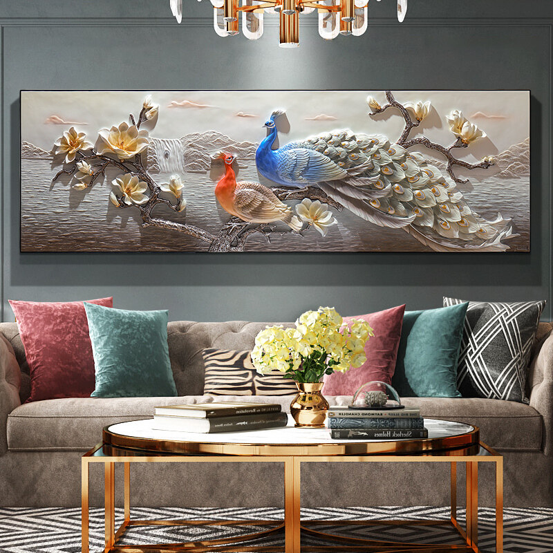 现代简约3d立体装饰画客厅沙发电视背景墙面挂画横幅孔雀浮雕壁画 必应鸟