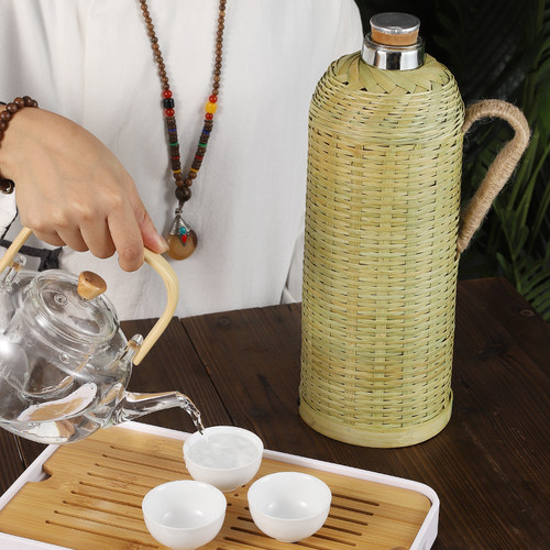 沃米老式竹编复古热水瓶家用保温瓶保温壶玻璃内胆暖瓶开水瓶水壶 - 图3
